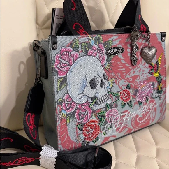 Ed Hardy Pink and Gray Tote with Skull Design - Picture 2 of 5